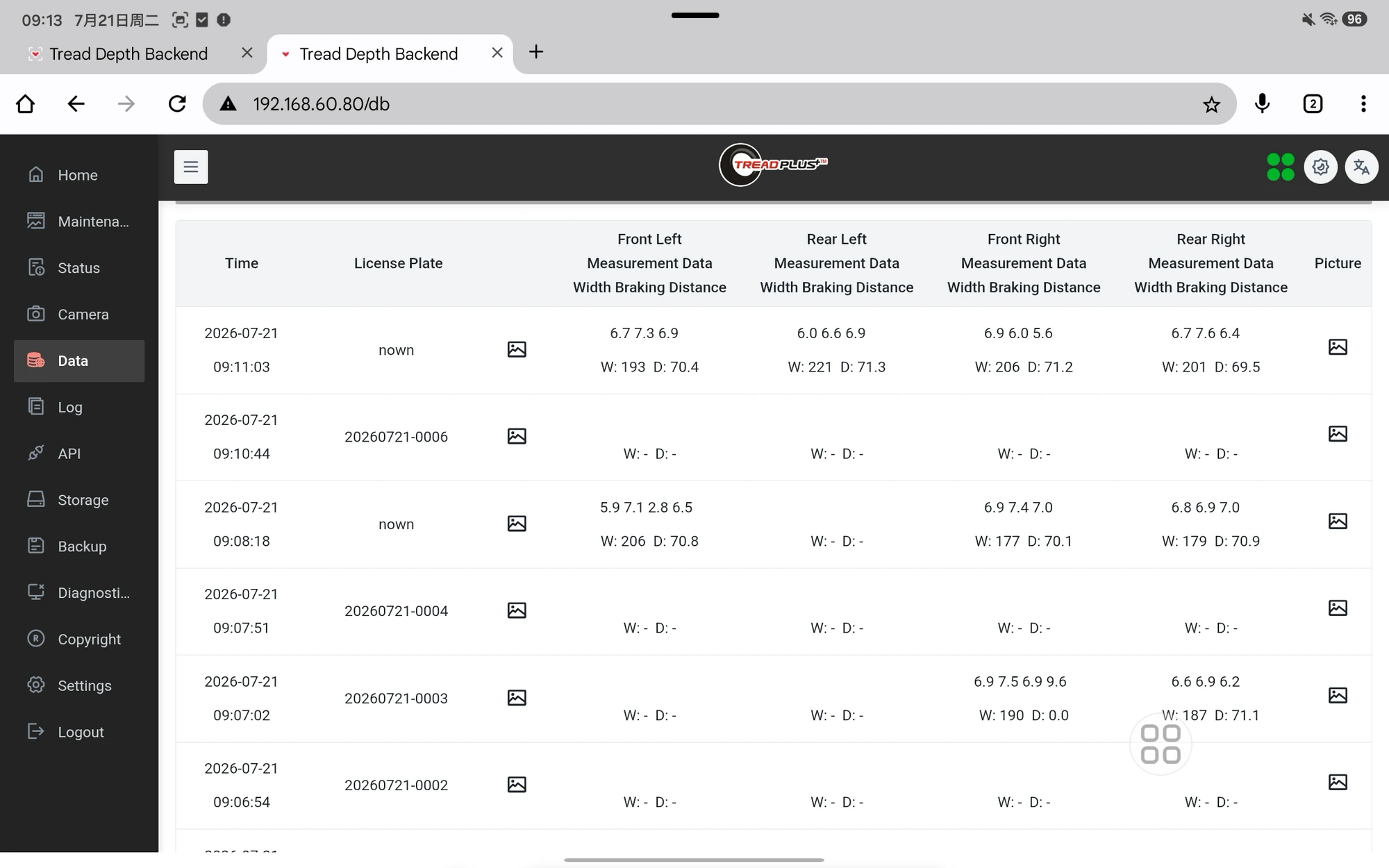 TireMetric measurement history showing tread data for each wheel position
