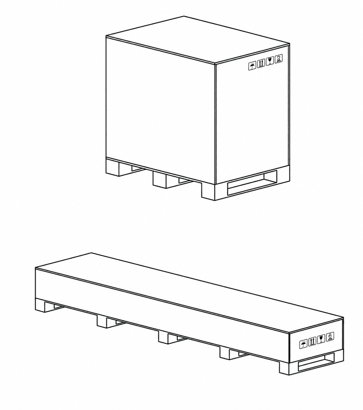 Technical line drawings of the 9000 Mobile cabinet and camera-beam shipping crates