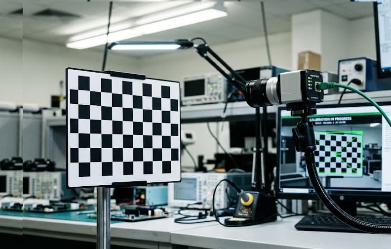 Precision camera measuring a checkerboard calibration target in a technical laboratory