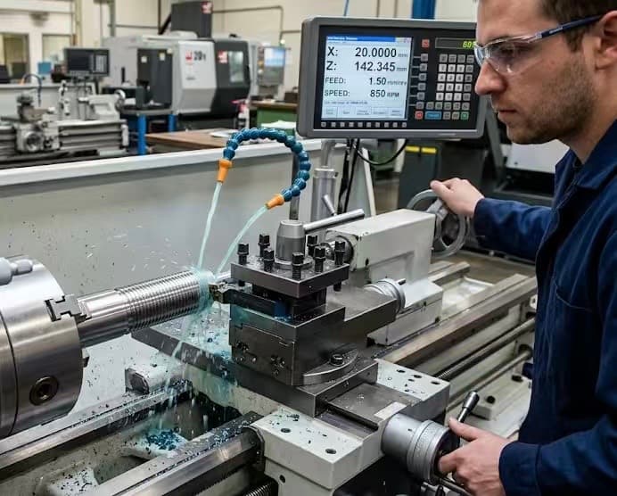 Precision machining of a metal component on an industrial lathe
