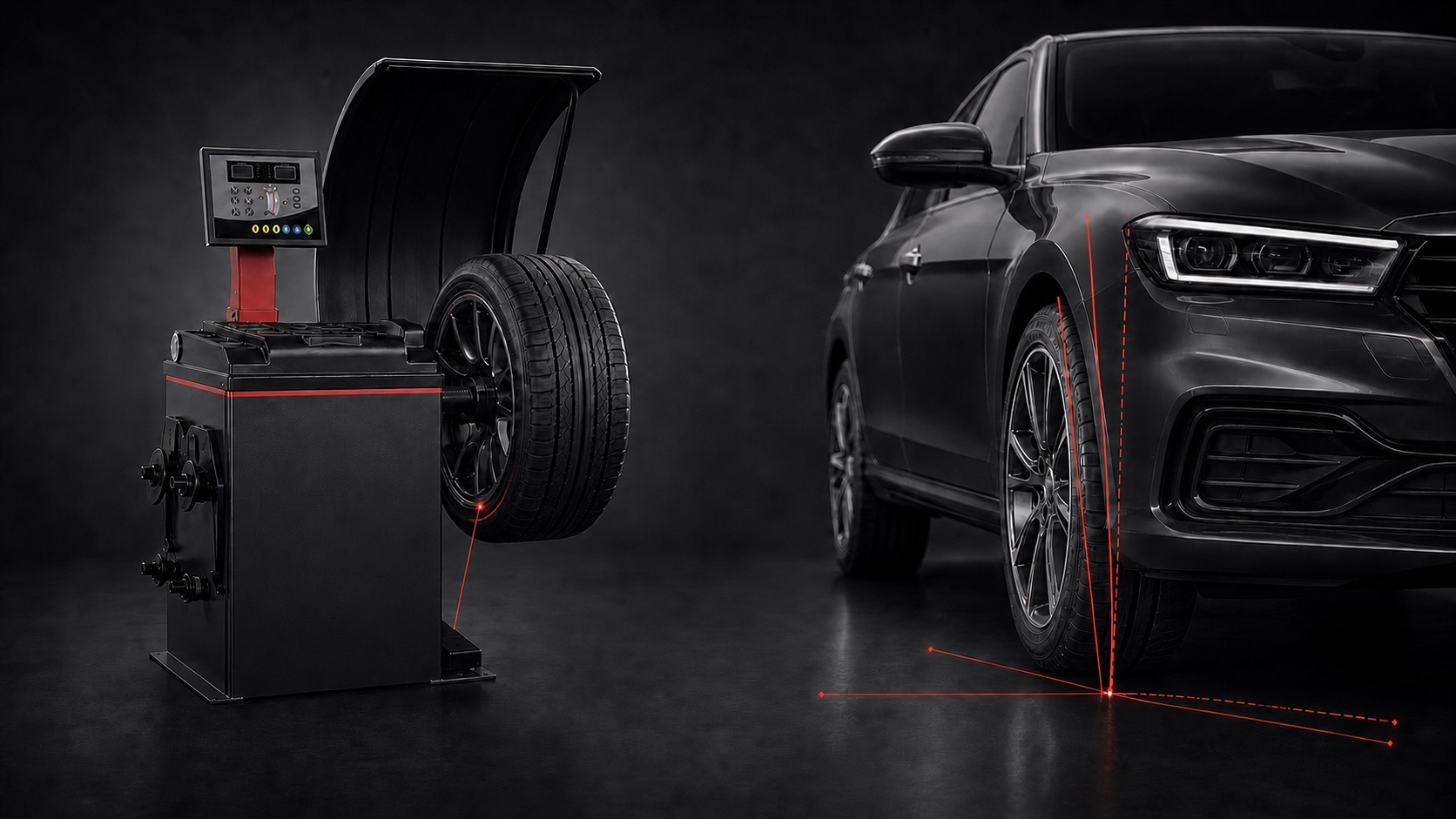 Black wheel balancer with correction-plane guides beside a vehicle showing right-front wheel alignment geometry